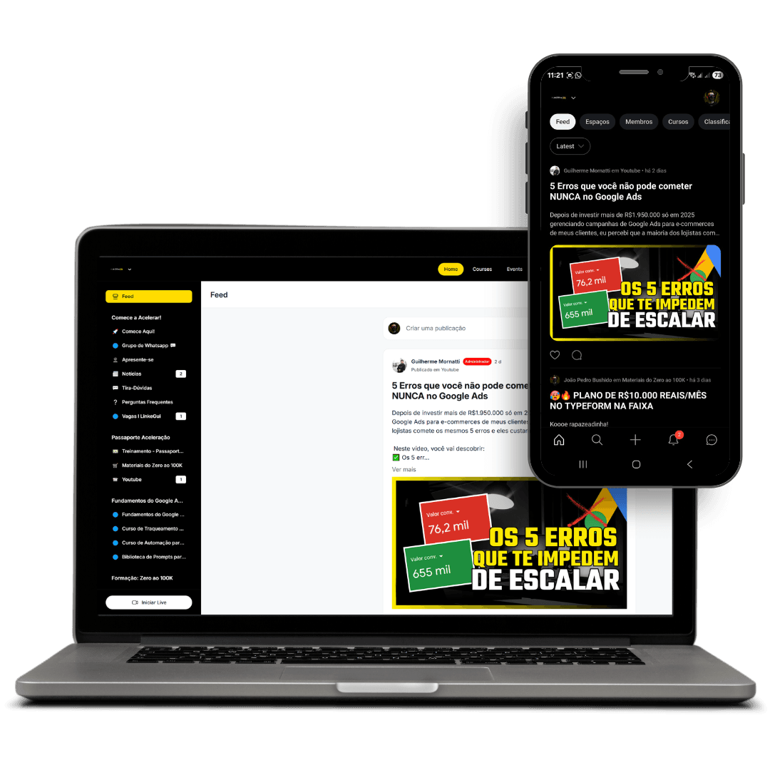 Mockup da Comunidade Zero ao 100K mostrando conversas da comunidade em múltiplos dispositivos