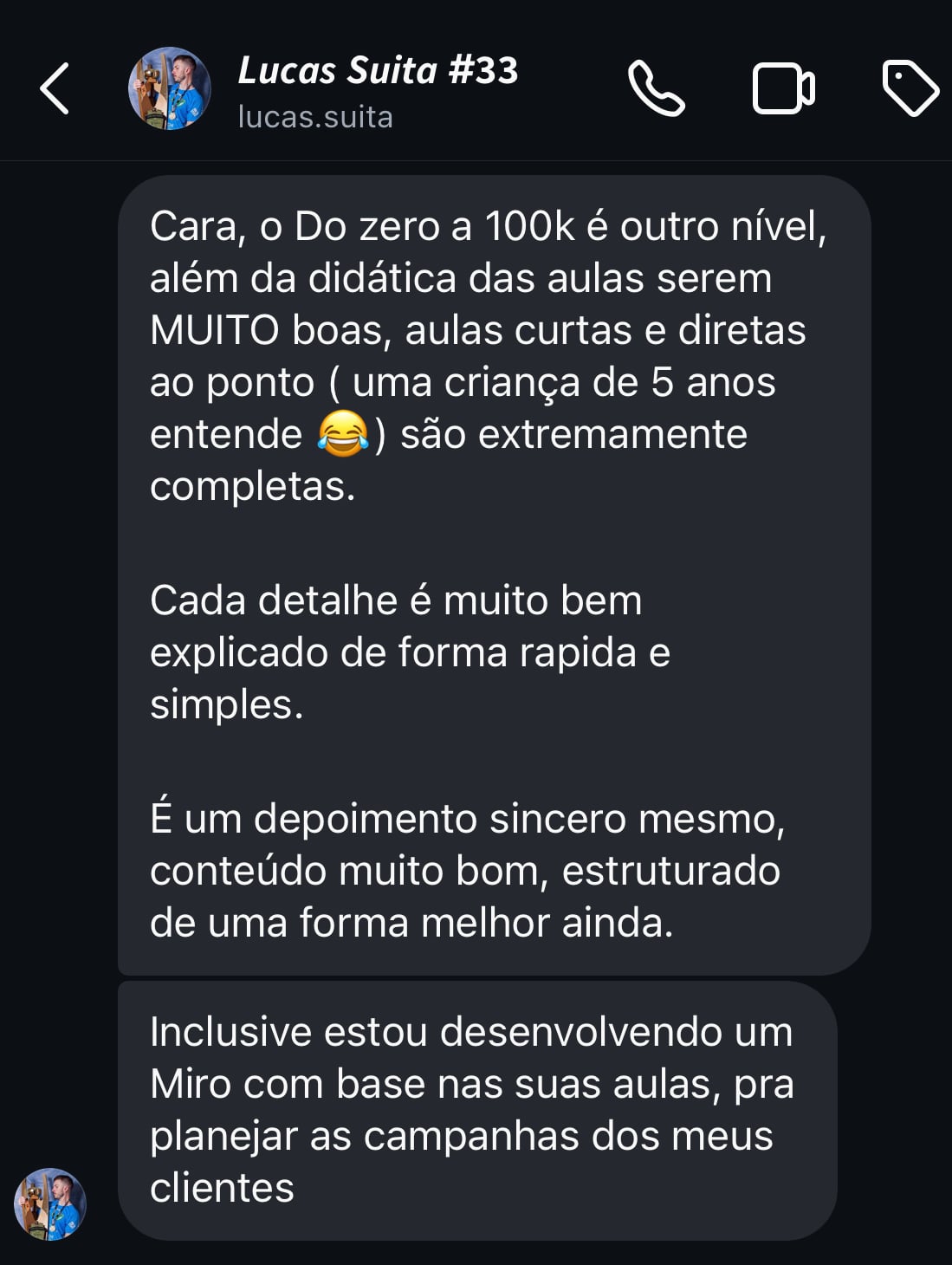Print do depoimento de Allan no WhatsApp