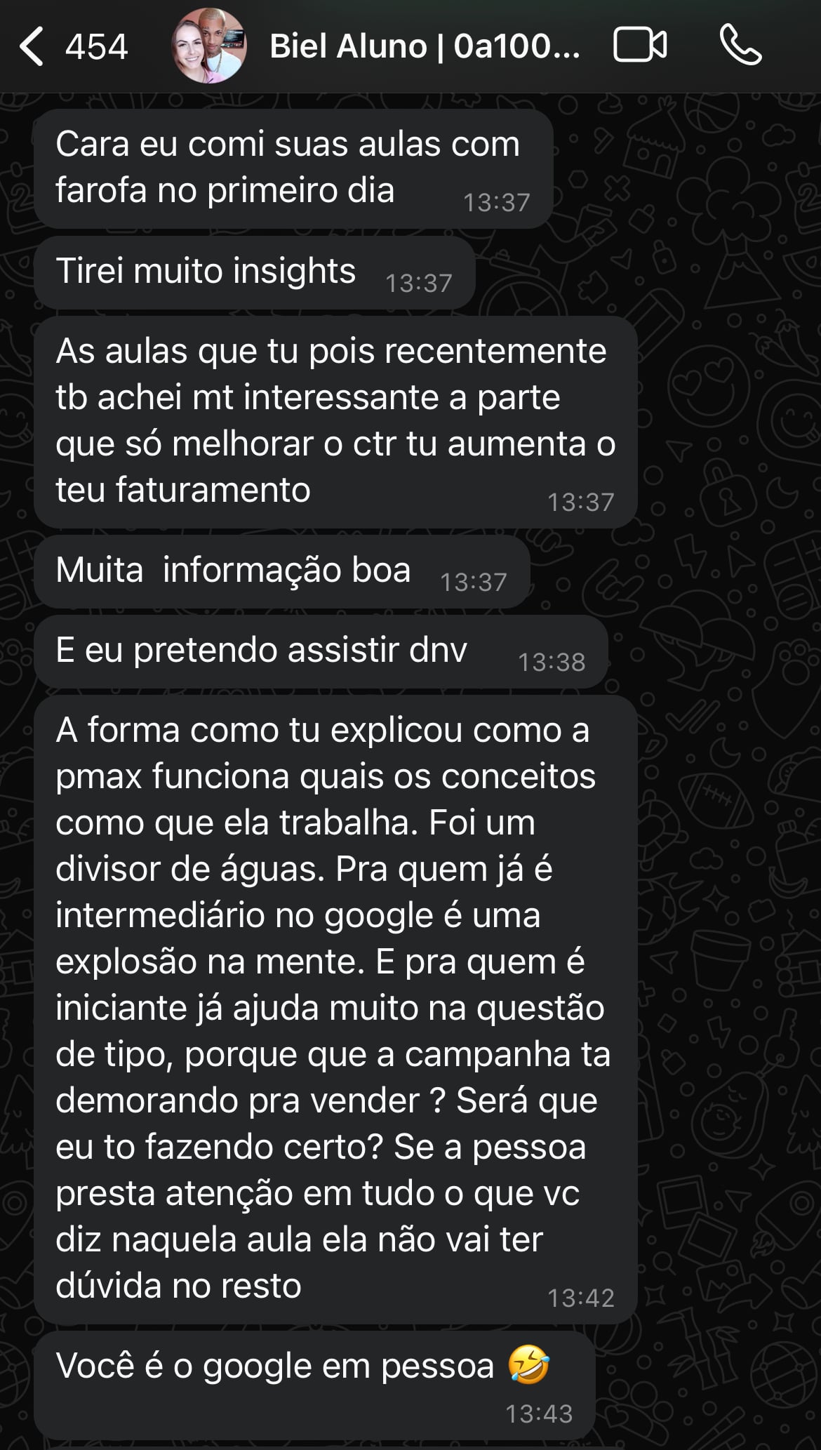 Print do depoimento de Pedro no WhatsApp
