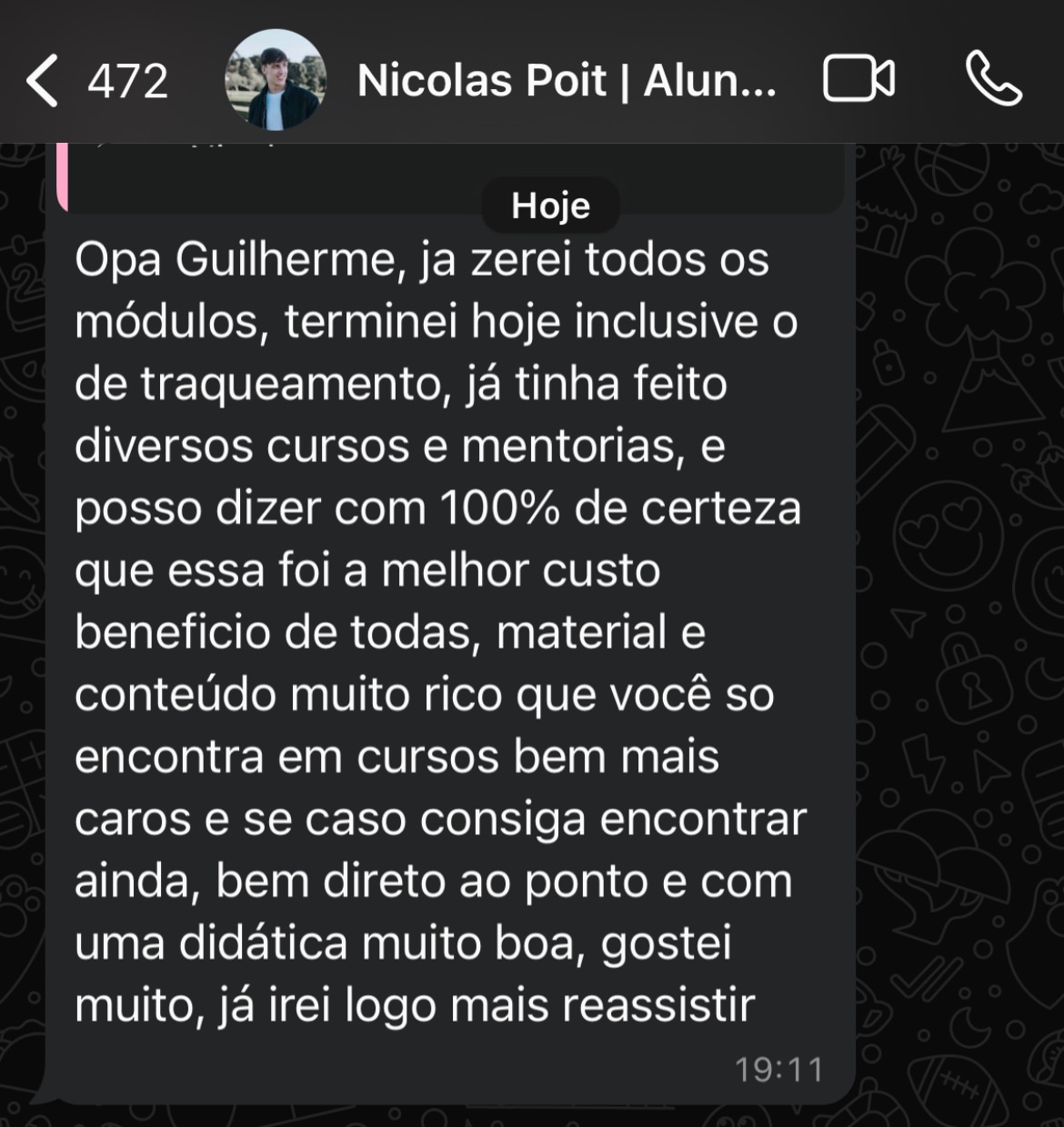 Print do depoimento de MK no WhatsApp